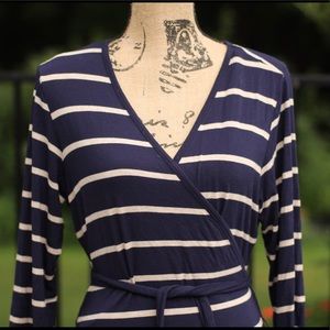 Calvin Klein Wrap Dress, Navy striped (Size 14)